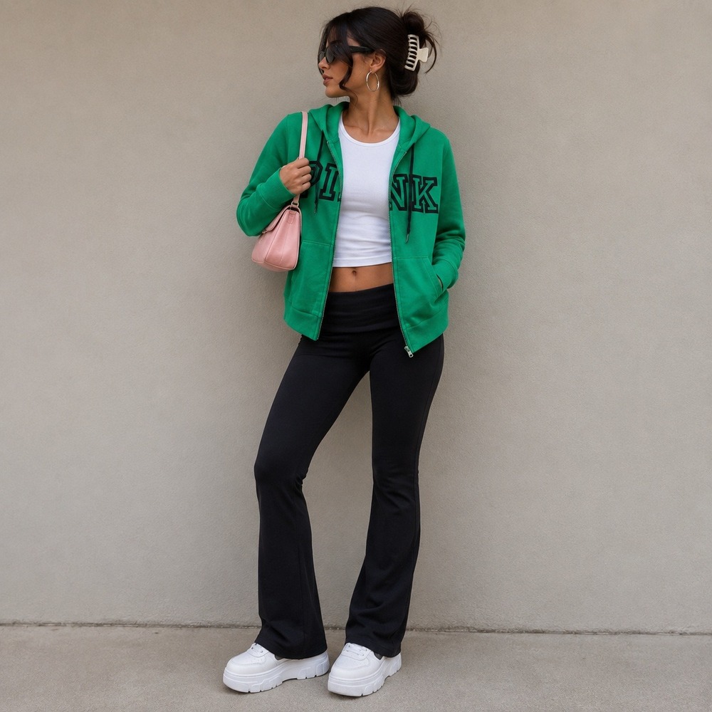 PINK Victoria's Secret Hoodie XS Green Zip Up Logo Sweatshirt Y2K Collegiate
